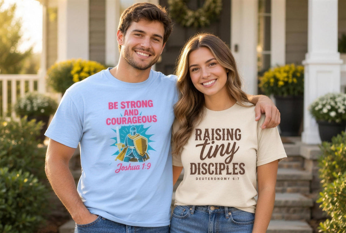 Young couple on their front porch, one wearing the light blue Be Strong and Courageous knight tee and the other the cream Raising Tiny Disciples tee