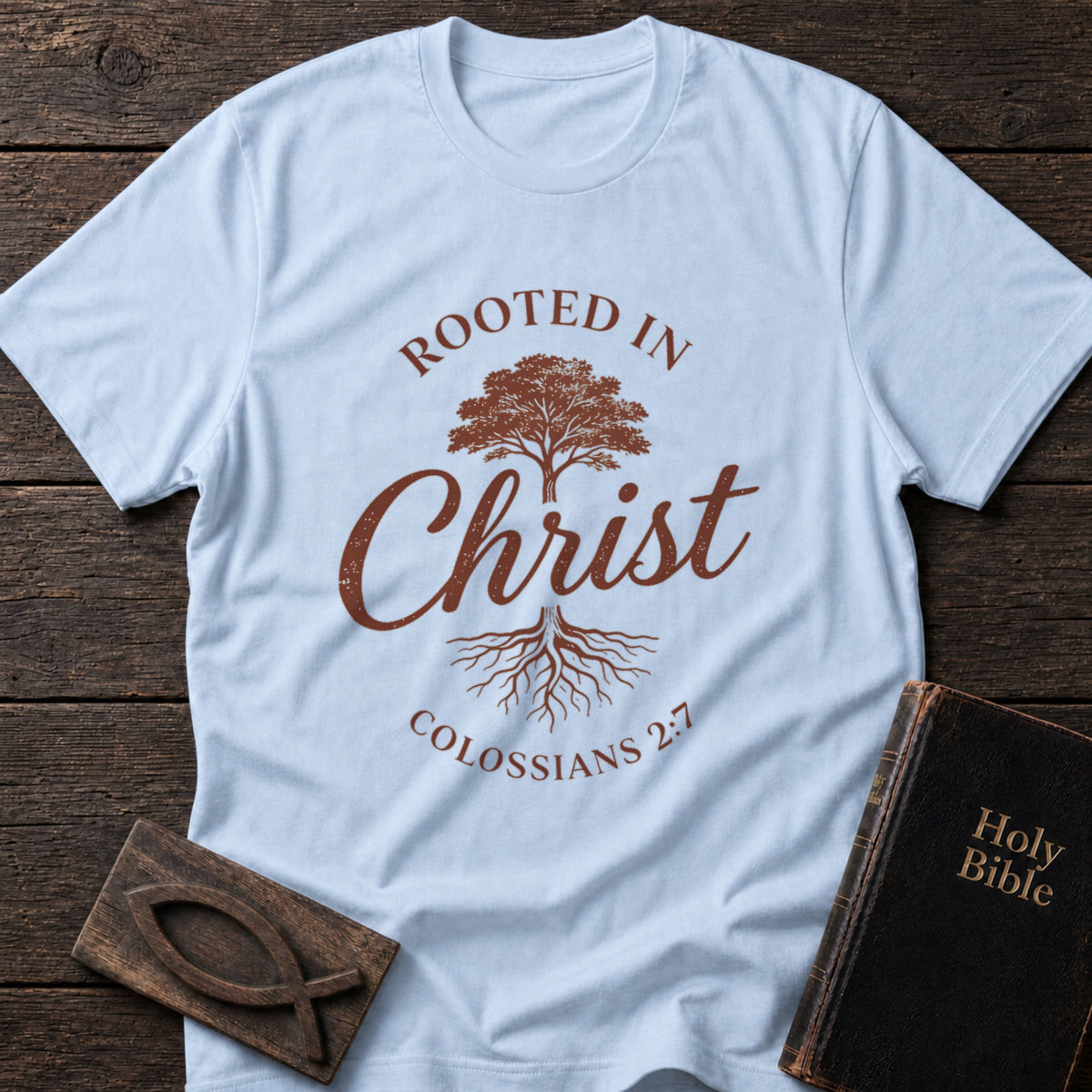 Rooted in Christ Christian t-shirt in Light Blue — Colossians 2:7