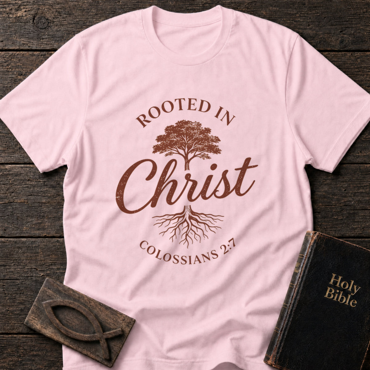 Rooted in Christ Christian t-shirt in Light Pink — Colossians 2:7