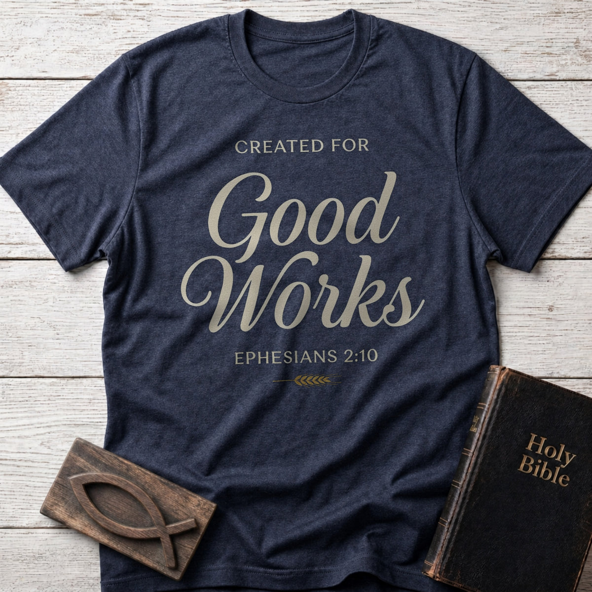 Created for Good Works Christian t-shirt in Heather Navy — Ephesians 2:10