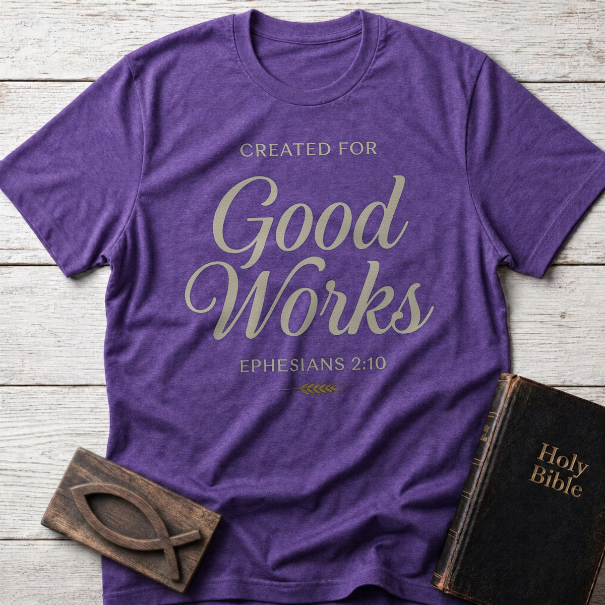 Created for Good Works Christian t-shirt in Heather Purple — Ephesians 2:10