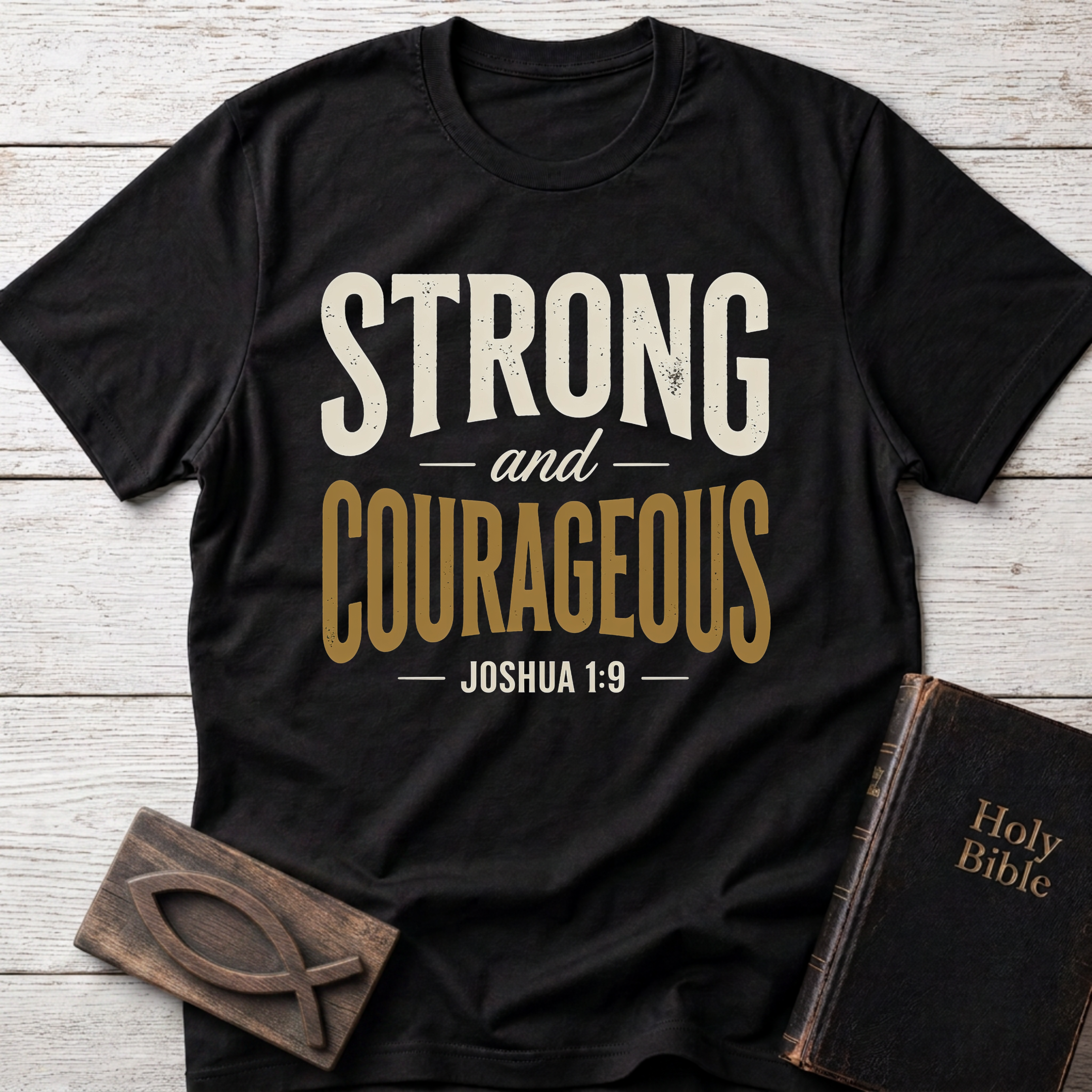 Strong and Courageous t-shirt in black — Joshua 1:9 Christian tee flat lay with Holy Bible and ichthys on whitewashed wood