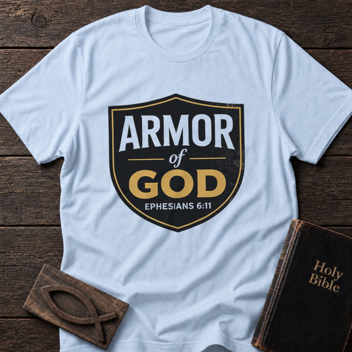 Armor of God Christian t-shirt in Light Blue — Ephesians 6:11