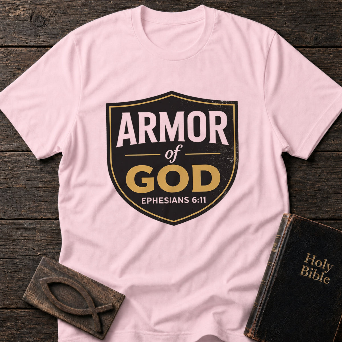 Armor of God Christian t-shirt in Light Pink — Ephesians 6:11