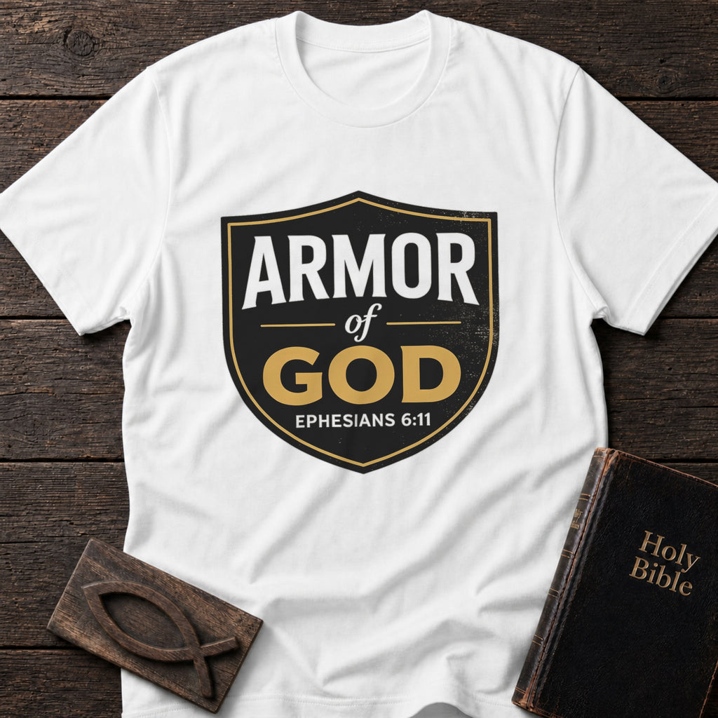 Armor of God t-shirt in White — Ephesians 6:11 Christian tee flat lay with Holy Bible and ichthys on dark wood