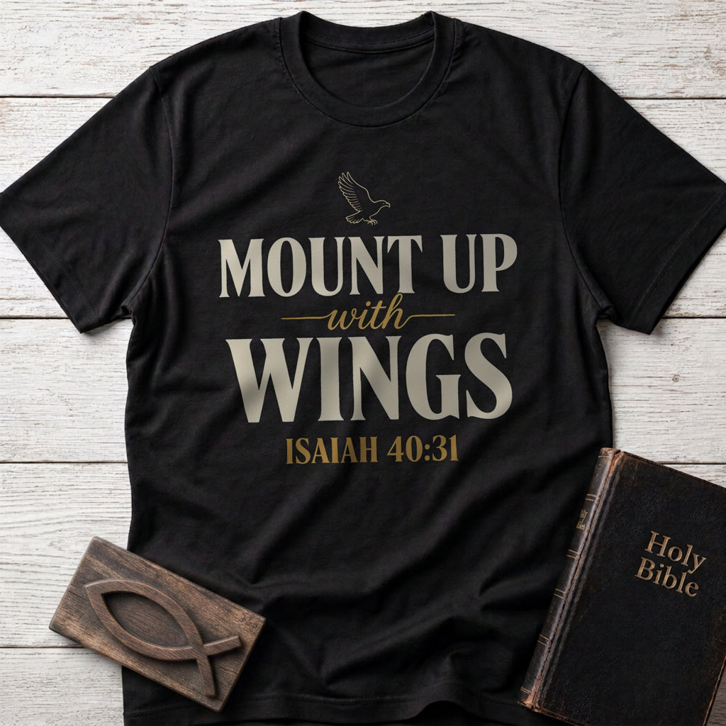 Mount Up With Wings t-shirt in Black — Isaiah 40:31 Christian tee flat lay with Holy Bible and ichthys on whitewashed wood