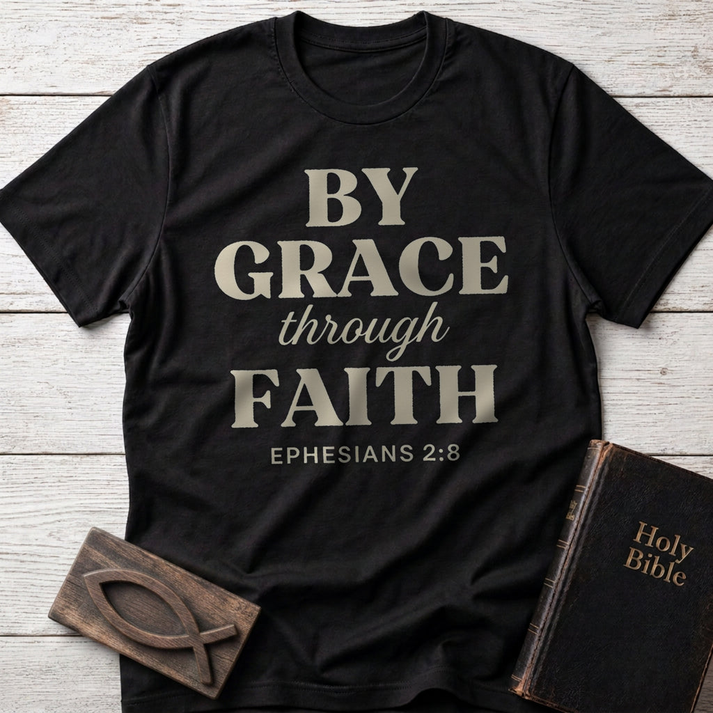 By Grace Through Faith t-shirt in Black — Ephesians 2:8 Christian tee flat lay with Holy Bible and ichthys on whitewashed wood
