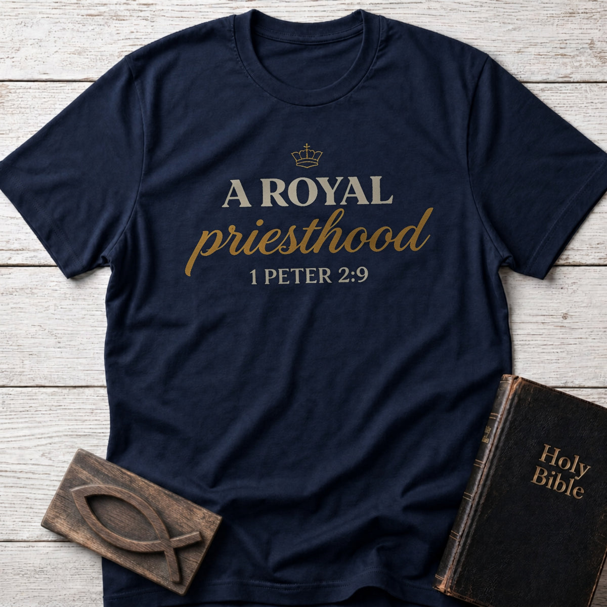 A Royal Priesthood Christian t-shirt in Navy — 1 Peter 2:9
