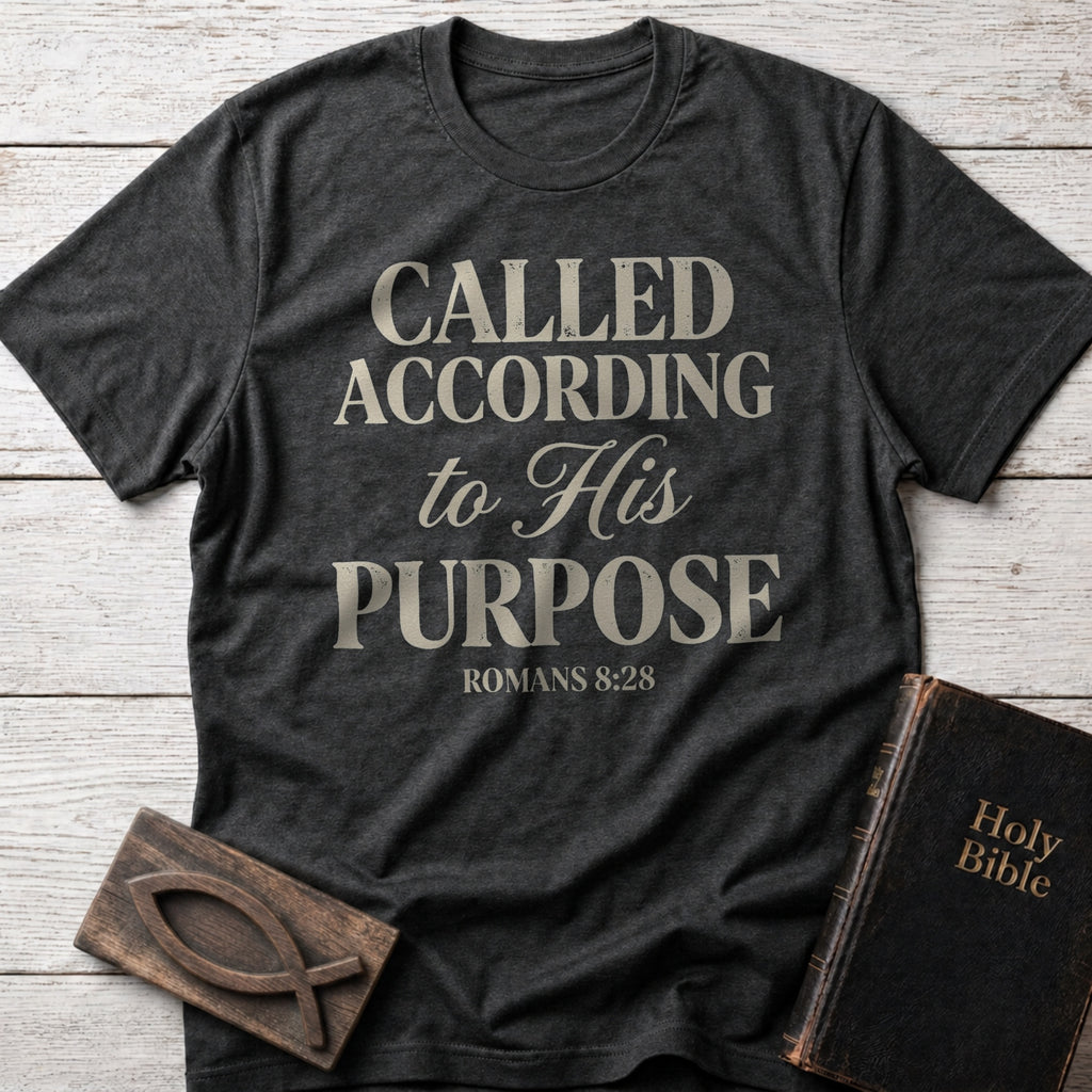 Called According to His Purpose Christian t-shirt in Dark Heather — Romans 8:28