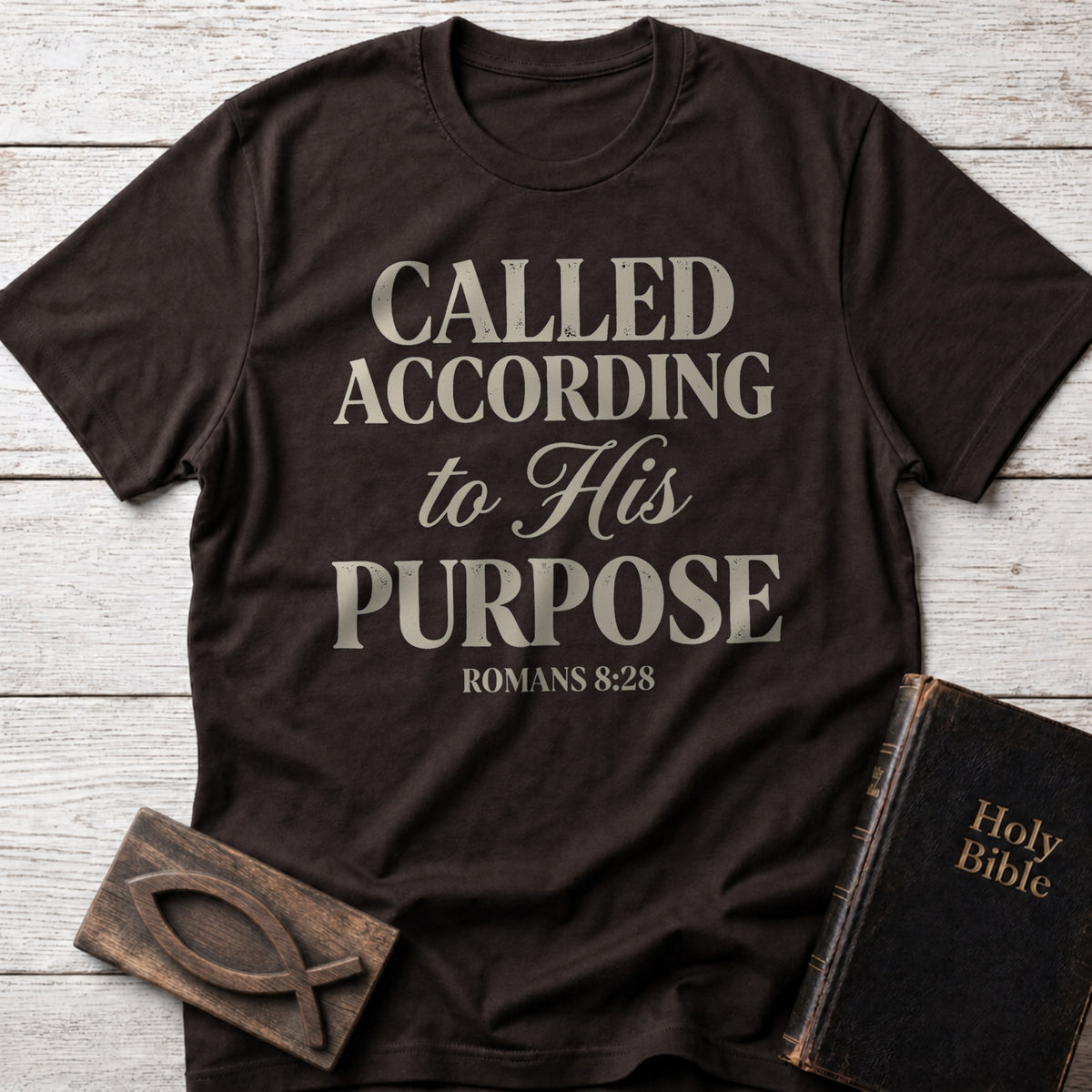 Called According to His Purpose Christian t-shirt in Dark Chocolate — Romans 8:28