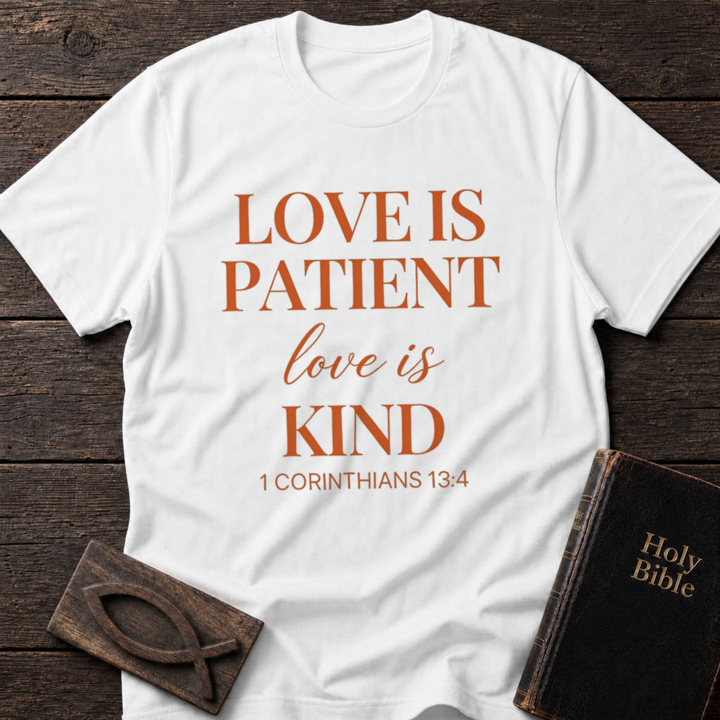 Love Is Patient, Love Is Kind t-shirt in White — 1 Corinthians 13:4 Christian tee flat lay with Holy Bible and ichthys on dark wood