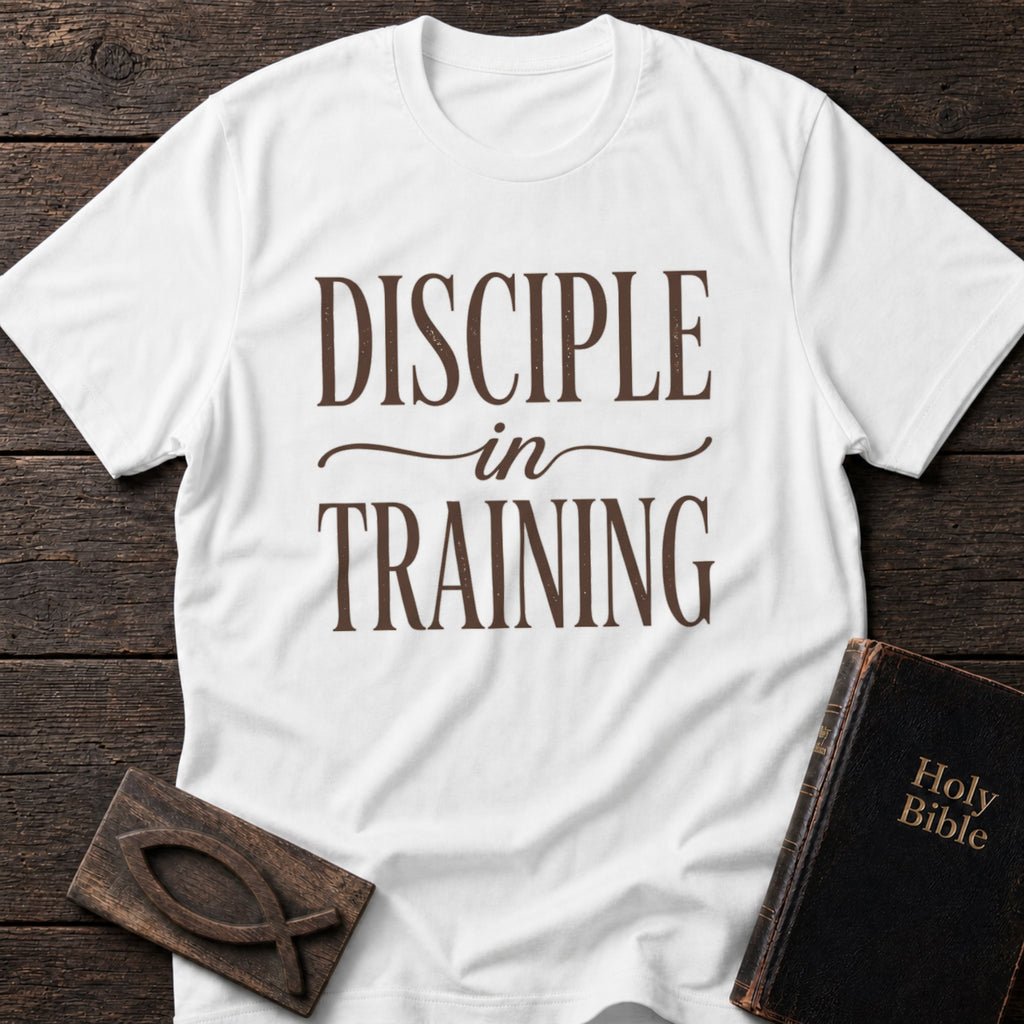 Disciple in Training t-shirt in White — Christian tee flat lay with Holy Bible and ichthys on dark wood