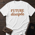 Future Disciple t-shirt in White — Christian tee flat lay with Holy Bible and ichthys on dark wood