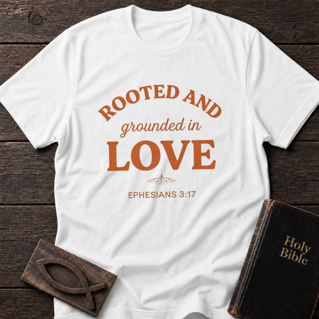 Rooted and Grounded in Love t-shirt in White — Ephesians 3:17 Christian tee flat lay with Holy Bible and ichthys on dark wood