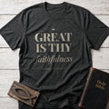 Great Is Thy Faithfulness Christian t-shirt in Dark Heather — Lamentations 3:23 Hymn