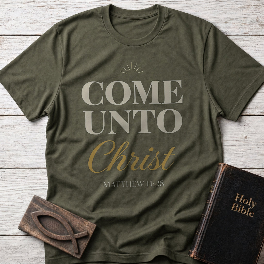Come Unto Christ Christian t-shirt in Military Green — Matthew 11:28