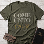 Come Unto Christ Christian t-shirt in Military Green — Matthew 11:28