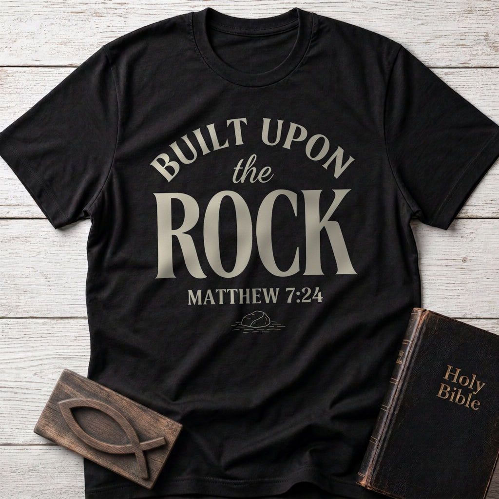 Built Upon the Rock t-shirt in Black — Matthew 7:24 Christian tee flat lay with Holy Bible and ichthys on whitewashed wood