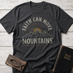 Faith Can Move Mountains Christian t-shirt in Dark Heather Grey — Matthew 17:20