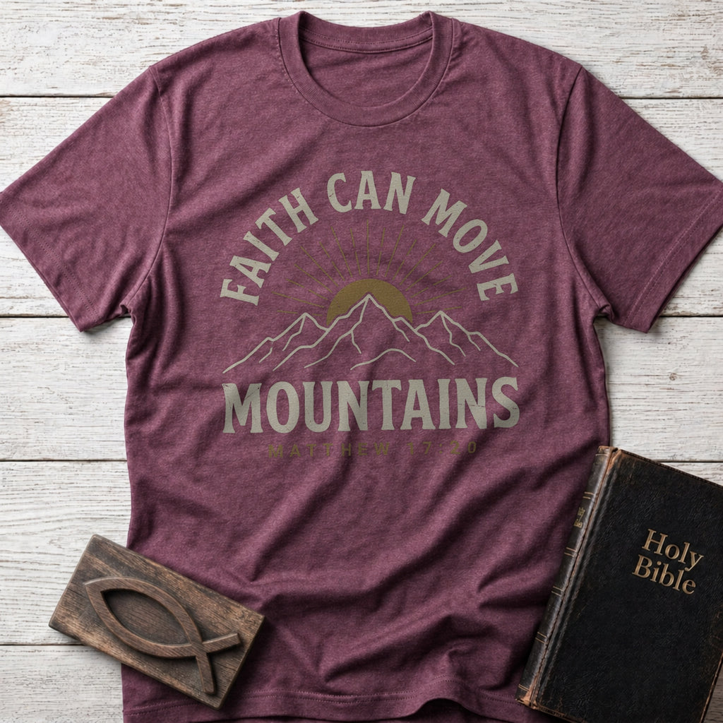 Faith Can Move Mountains Christian t-shirt in Heather Maroon — Matthew 17:20