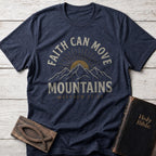 Faith Can Move Mountains Christian t-shirt in Heather Navy — Matthew 17:20