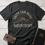 Faith Can Move Mountains Christian t-shirt in Dark Heather — Matthew 17:20