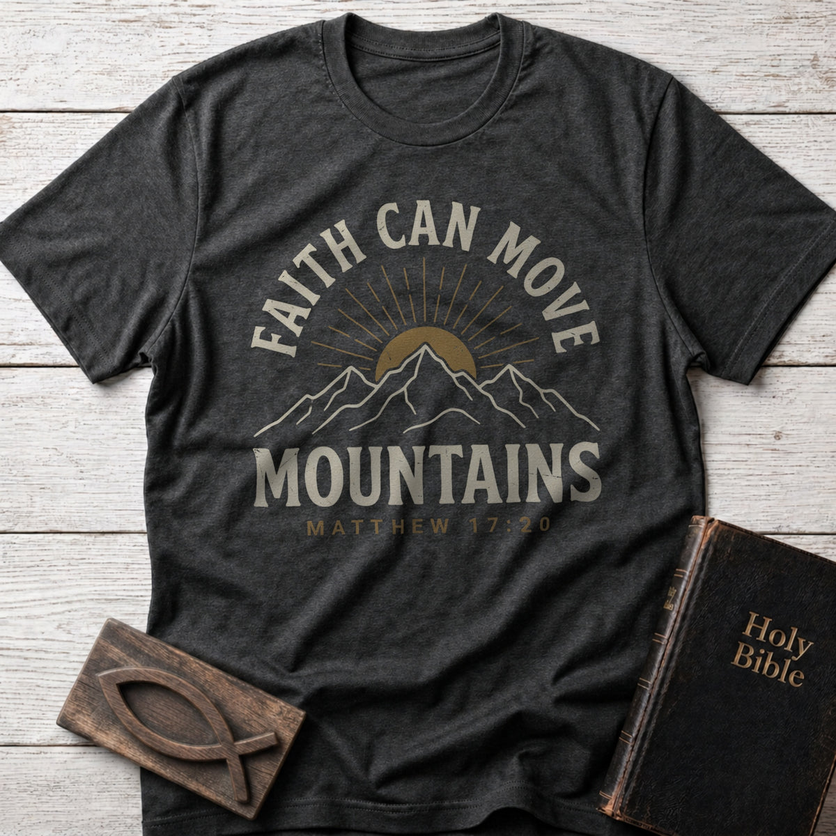 Faith Can Move Mountains Christian t-shirt in Dark Heather — Matthew 17:20