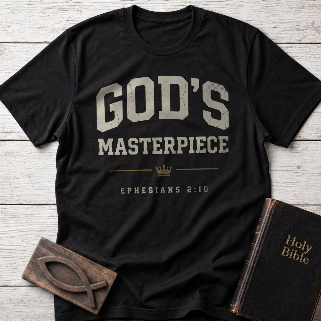 God's Masterpiece t-shirt in Black — Ephesians 2:10 Christian tee flat lay with Holy Bible and ichthys on whitewashed wood