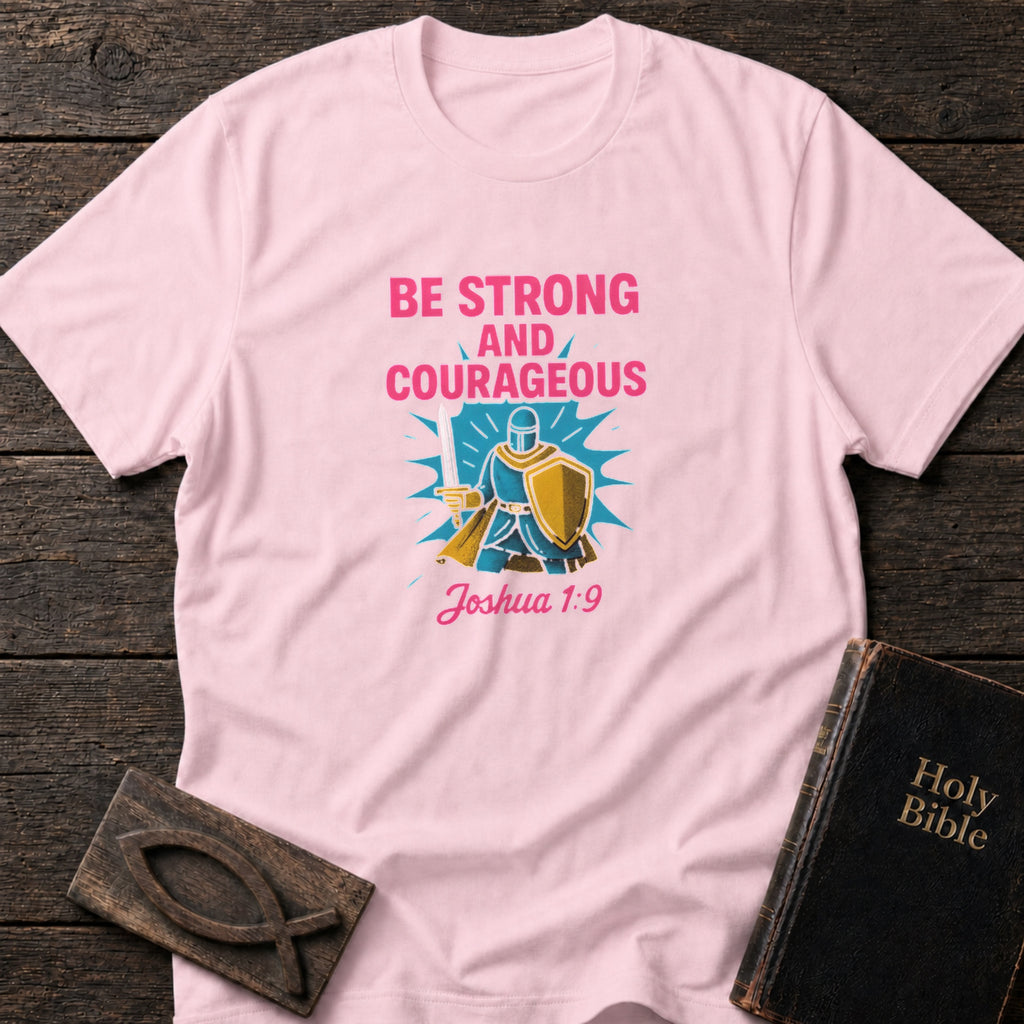 Be Strong and Courageous Knight Christian t-shirt in Light Pink — Joshua 1:9 Youth