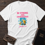 Be Strong and Courageous Knight Christian t-shirt in White — Joshua 1:9 Youth
