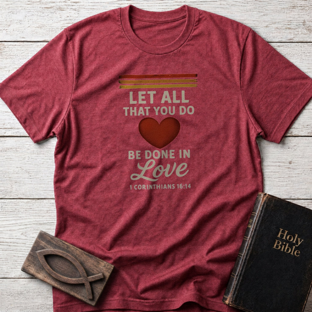 Let All That You Do Be Done in Love Christian t-shirt in Heather Cardinal — 1 Corinthians 16:14