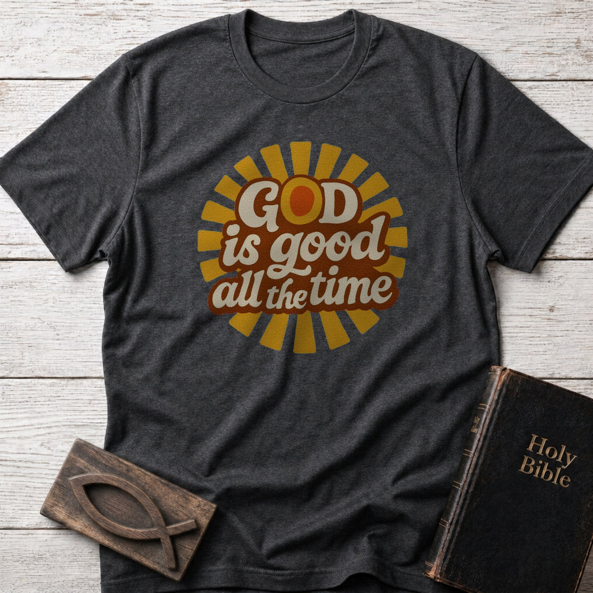 God Is Good All the Time Christian t-shirt in Dark Heather Grey — Retro