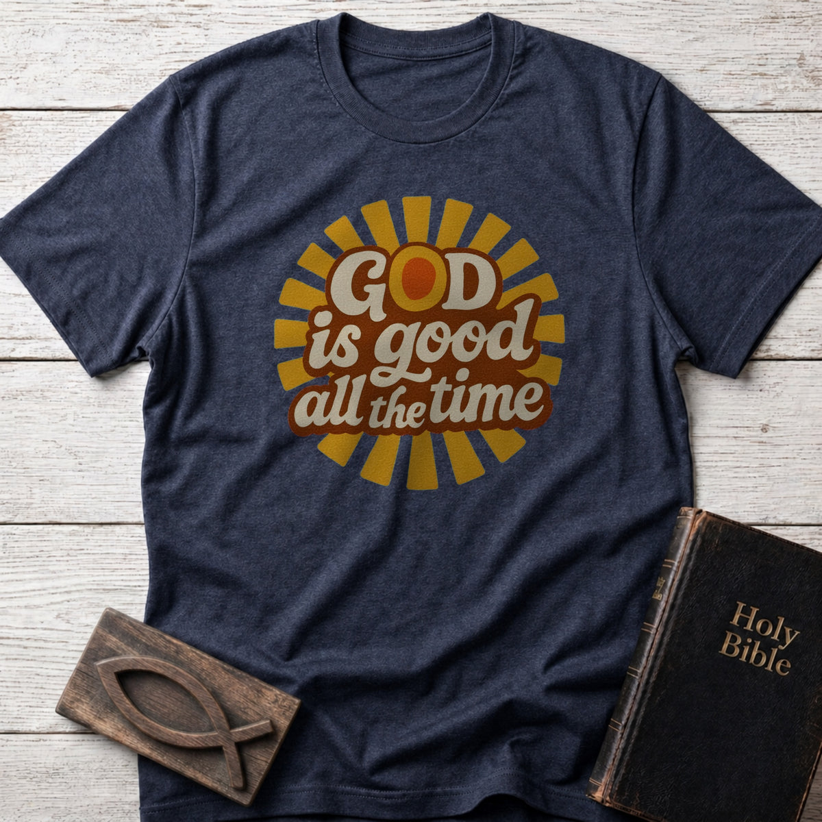 God Is Good All the Time Christian t-shirt in Heather Navy — Retro