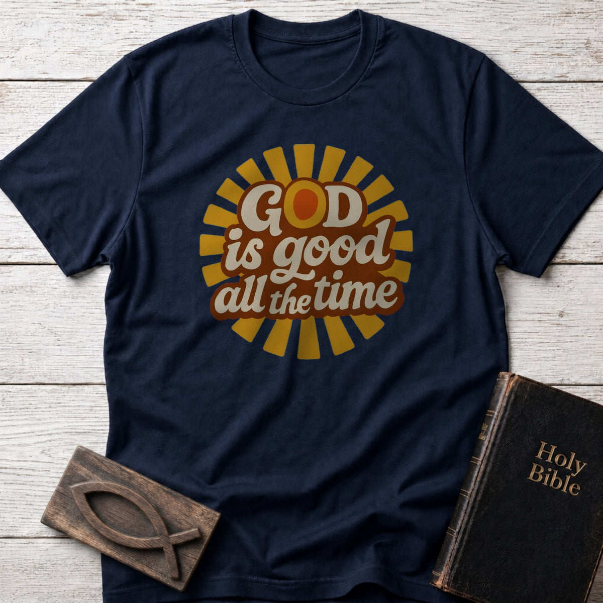 God Is Good All the Time Christian t-shirt in Navy — Retro