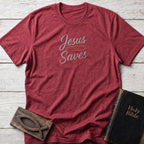Jesus Saves Christian t-shirt in Heather Cardinal