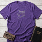 Jesus Saves Christian t-shirt in Heather Purple