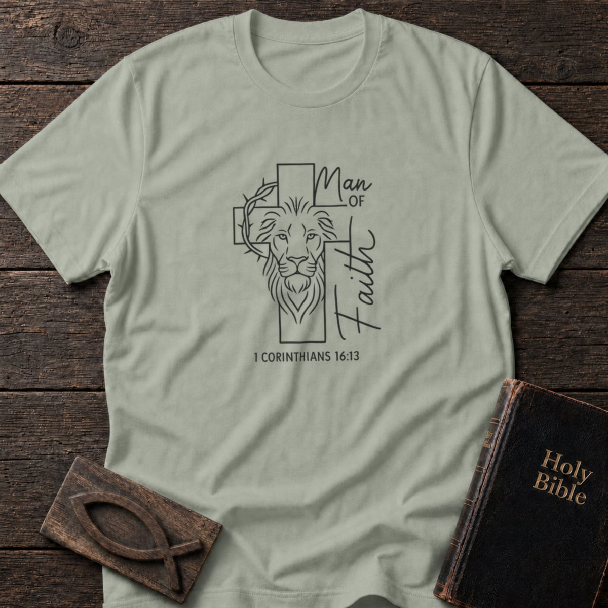 Man of Faith Christian t-shirt in Sage — 1 Corinthians 16:13