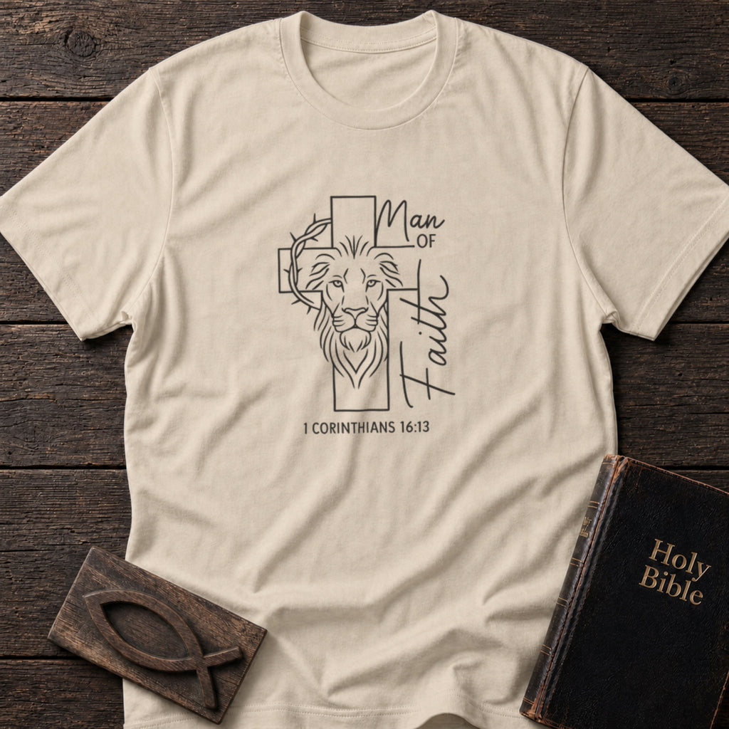 Man of Faith Christian t-shirt in Sand — 1 Corinthians 16:13