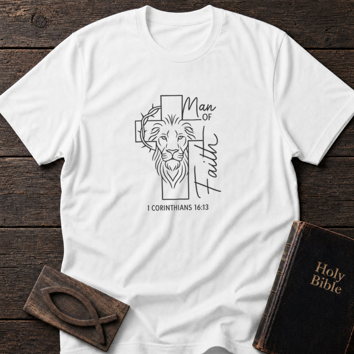 Man of Faith Christian t-shirt in White — 1 Corinthians 16:13