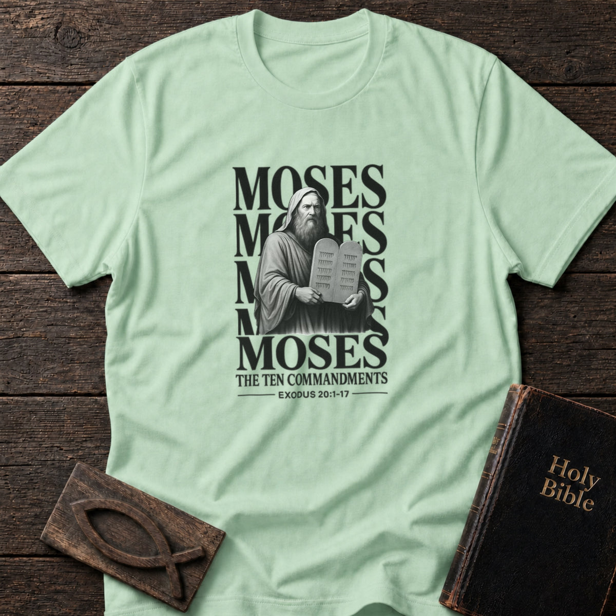 Moses & the Ten Commandments Christian t-shirt in Mint Green — Exodus 20