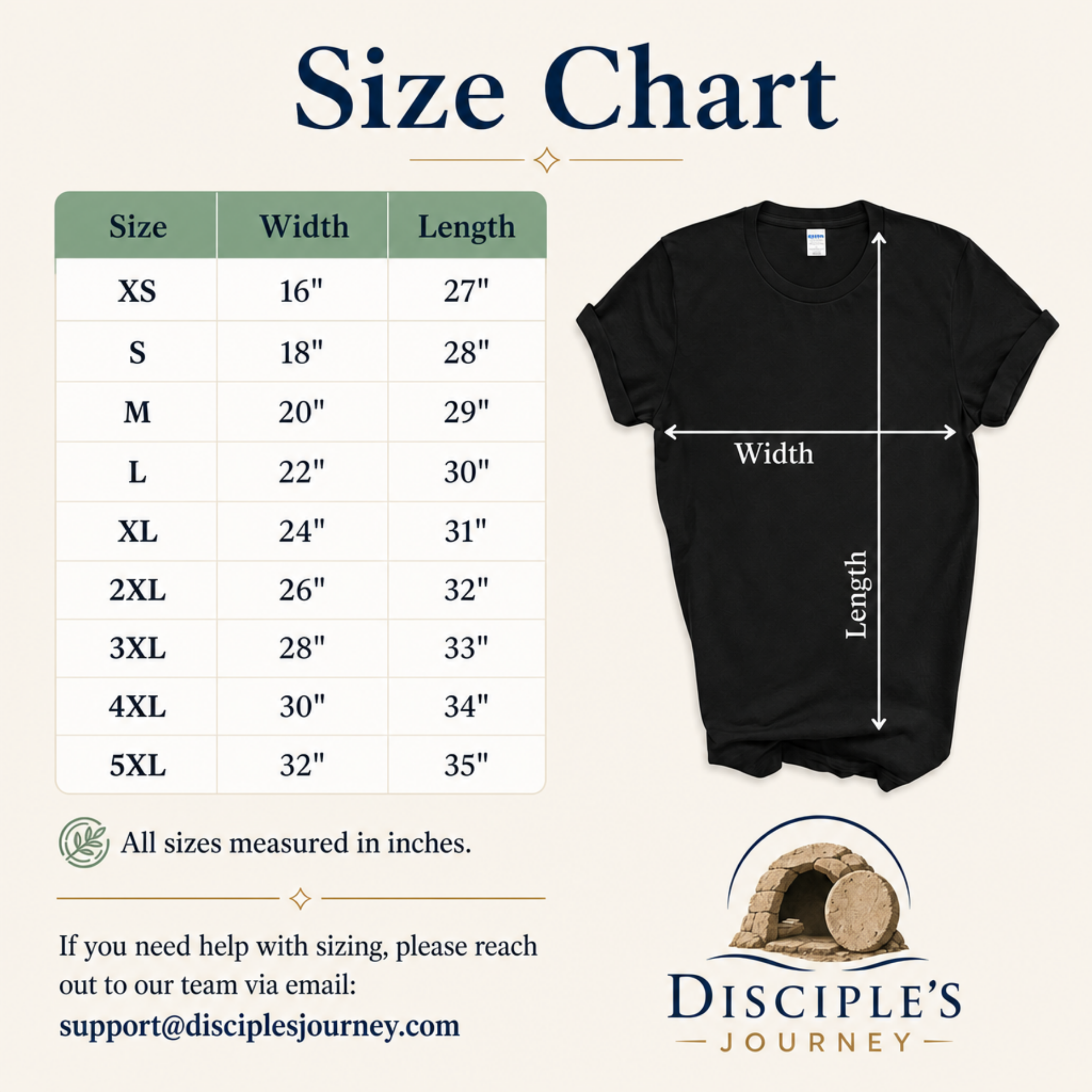 Size chart for Disciple's Journey unisex t-shirts, XS to 5XL