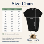 Size chart for Disciple's Journey unisex t-shirts, XS to 5XL